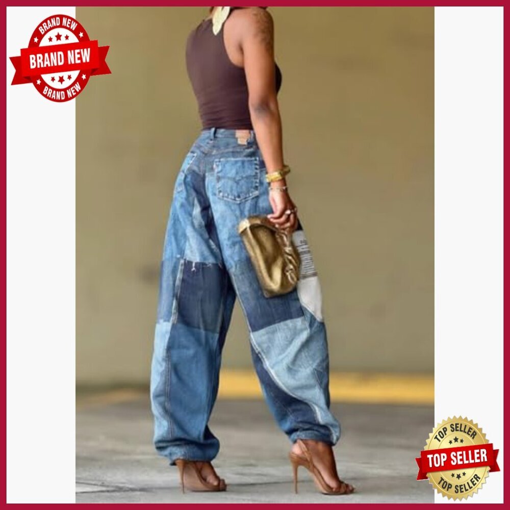 High Waist Baggy Barrel Wide Leg Cargo Jeans Stretch Vintage Y2K Boyfriend Pants - Picture 3 of 4